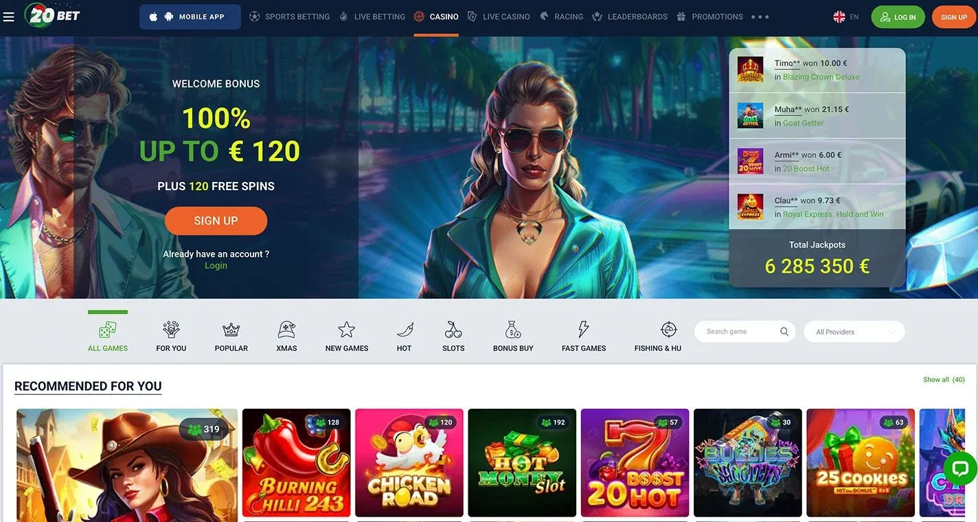 20bet Casino - skärmdump av casinots hemsida