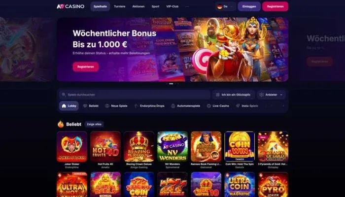 NV Casino - Uttagstest - skärmdump av casinots hemsida