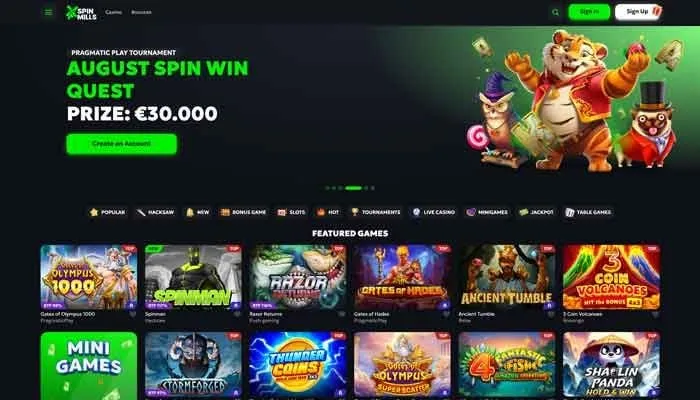 SpinMills - Bonusanalys - skärmdump av casinots hemsida