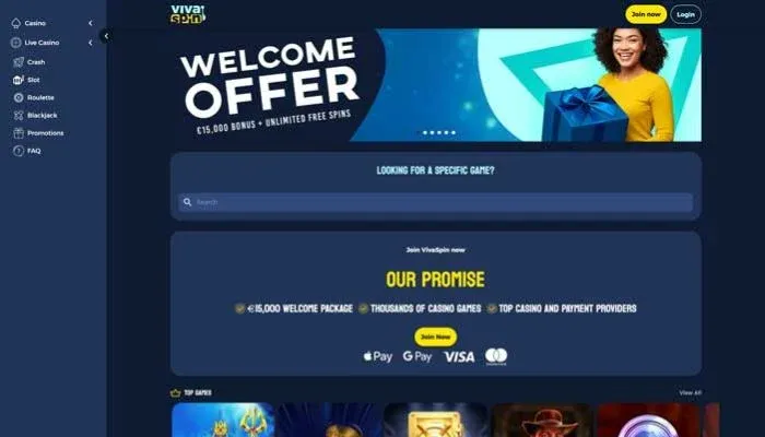 VivaSpin - Bonusanalys - skärmdump av casinots hemsida