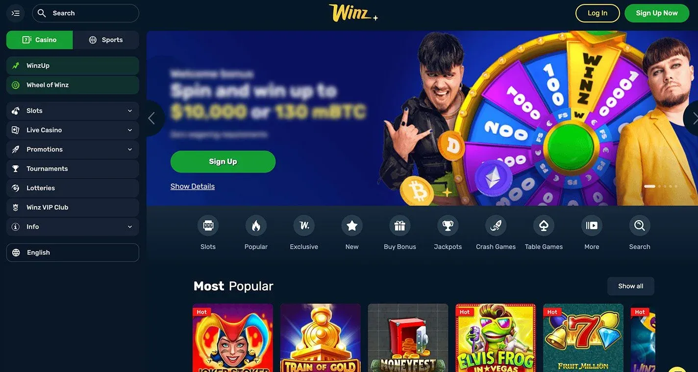 Winz.io Casino - skärmdump av casinots hemsida